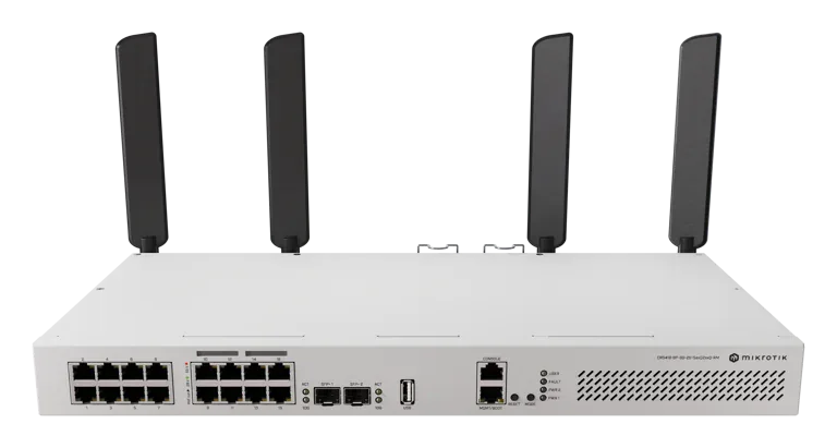 Коммутатор с Wi-Fi Mikrotik CRS418-8P-8G-2S+5axQ2axQ-RM 17xGigabit Ethernet, 2xSFP+, Wi-Fi 6 Коммутатор с Wi-Fi Mikrotik CRS418-8P-8G-2S+5axQ2axQ-RM 17xGigabit Ethernet, 2xSFP+, Wi-Fi 6